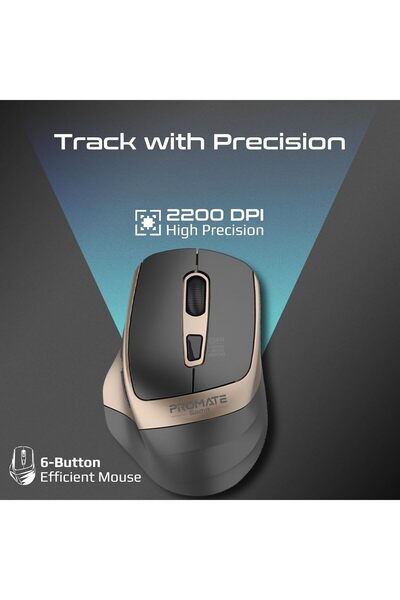Promate Wireless Silent Mouse, 2.4G Portable Noiseless Optical Mouse with 6 Functional Buttons