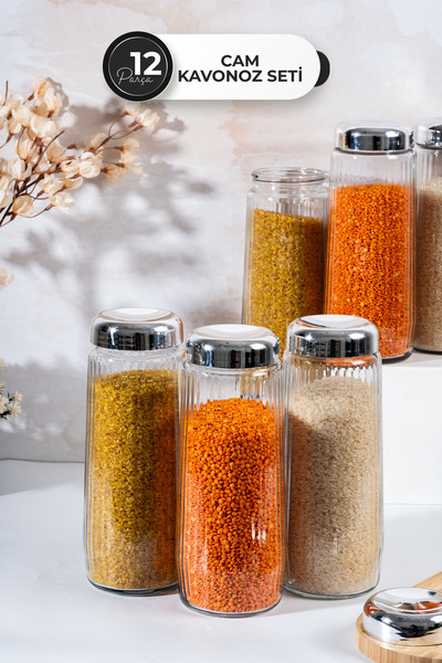 Homekolik Set of 12 Long Glass Jars with Silver Lids 1500 ml – Storage Container Set for Legumes/Pasta/Flour-Sugar