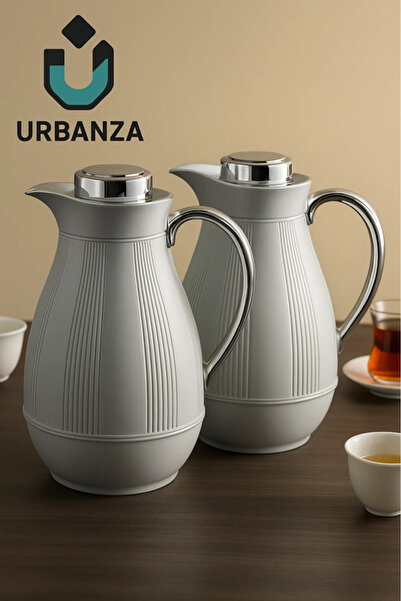 Urbanza طقم ترمس بيج - إبريقان معزولان بمقبض وغطاء فضيين