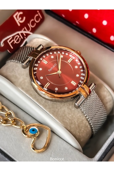 Ferrucci ساعة يد نسائية بحزام فولاذي فضي اللون مقاومة للماء + سوار