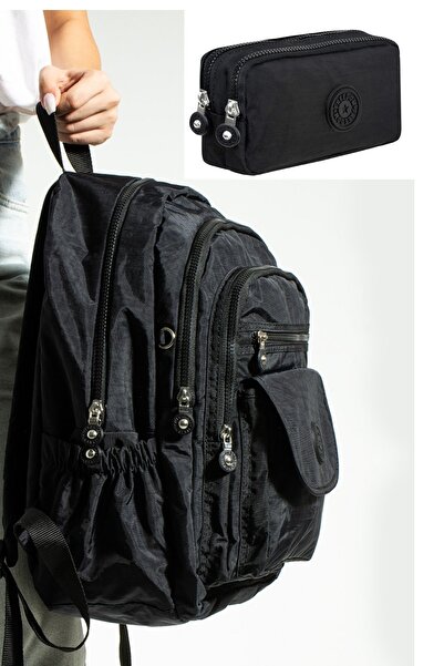 Çanta Trend 2'lİ Set Lüx Krinkıl Kumaş Lise Ve Ortaokul Sırt Çantası + Kaleml...