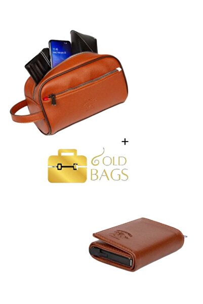 GOLDBAGS Men's Vegan Leather Waterproof Shaving Bag and Unisex Tan Vegan Leat...