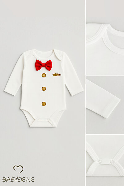 BABYDEN'S Tiny Boss Bow Tie Baby Bodysuit, Button Pattern Printed, Baby Boy Long Sleeve Snap Fastener Bodysuit Cotton