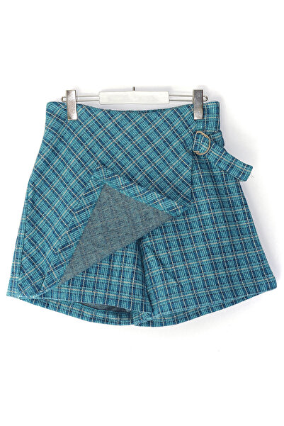DobaKids Kaşe Kumaş Ekose Kız Çocuk Şort Etek Yeşil