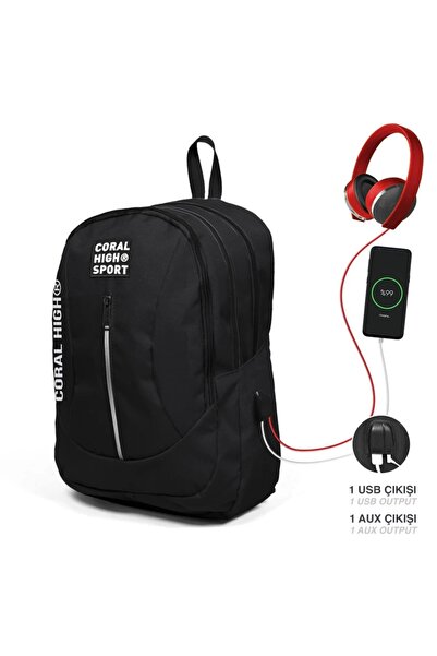 Coral High Sport Siyah Dört Bölmeli Usb Şarjlı Kulaklık Çıkışlı Sırt Çantası ...