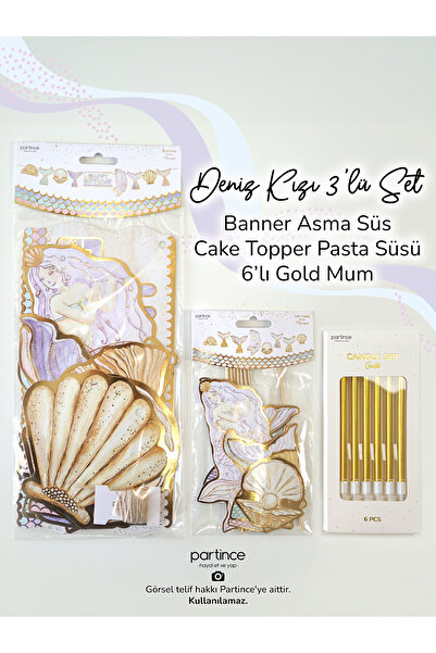 partince 3 Parça Set Deniz Kızı Banner Asma Süs Deniz Kızı Pasta Süsü Cake Topper 6 Adet Gold Mum