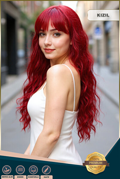 KONAK PERUK Perçemli Uzun Su Dalgası Fiber Sentetik Peruk - Kızıl
