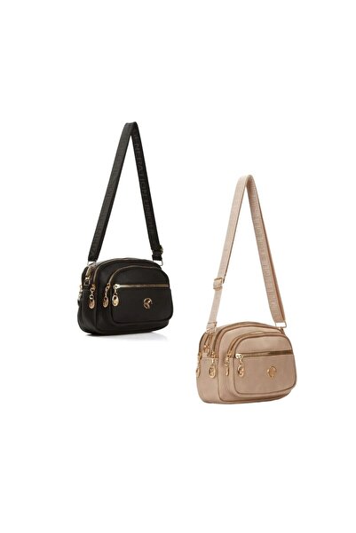 GOLDBAGS Kadın Çapraz Askılı Vizon-Siyah Çanta Seri