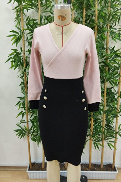 Mossta Double-Breasted Collar Button Detailed Camisole Dress - Black