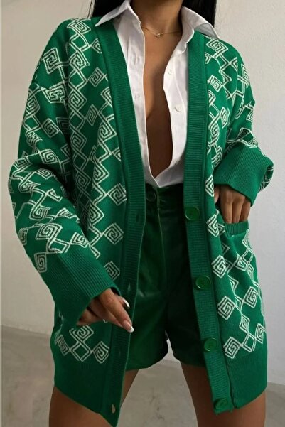lovebox Women's Patterned Oversize Button Detailed Green Cardigan 6624