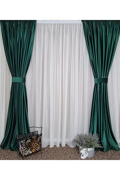 Mastel Set 2 draperii catifea lux culoare verde confectionate cu rejansa plus bride de prindere
