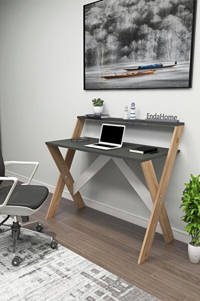 Enda Home X Ayaklı Raflı Ders Çalışma Masası 50x90 Cm Antrasit - Çam