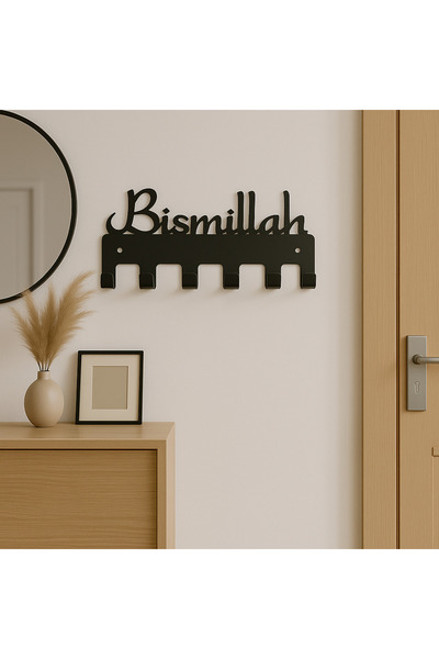 LUNOART Bismillah Yazılı Metal Anahtarlık Askılığı – Siyah | 6 Askılı Modern Duvar Dekoru