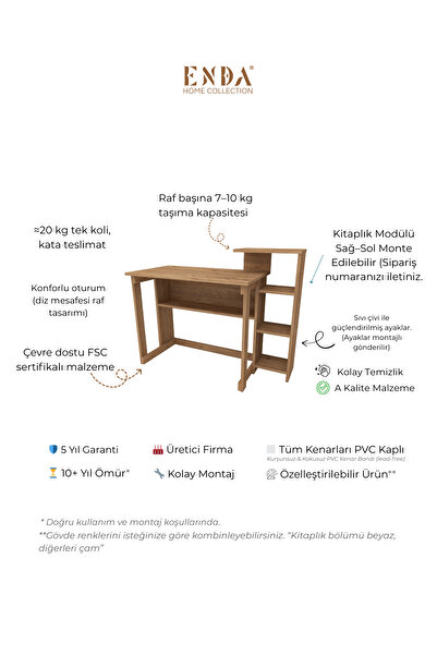 Enda Home Saye 5 Raflı Kitaplıklı Çalışma Masası Atlantik Çam