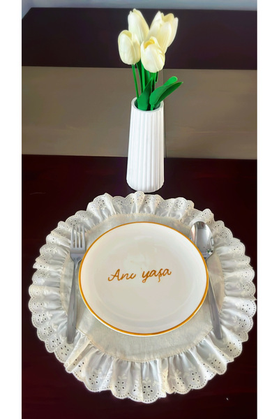 NURGİTA HOME Natürel Ham Keten Fisto Fırfırlı Supla Takımı Amerikan Servis 6 Adet