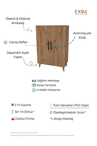 Enda Home 3 Raflı 2 Kapaklı Çok Amaçlı Dolap Çok Amaçlı Mutfak Dolabı Banyo Dolabı Çam