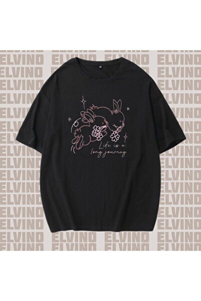 Elvino Tavşan Temalı Oversize Kadın Tshirt
