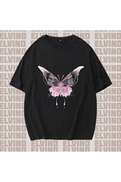 Elvino Kelebek Ve Çiçek Temalı Oversize Kadın Tshirt