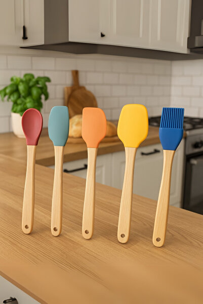 Genel Markalar Mutfak Bambu Silikon Isıya Dayanıklı Kaşık Kepçe Takımı 5'li S...