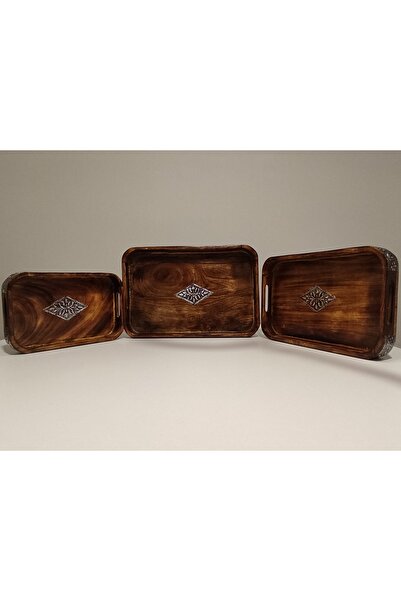 DNC Silver Embroidered Handmade Wooden Tray Set of 3 - Decorative Presentation Tray Serving Tray