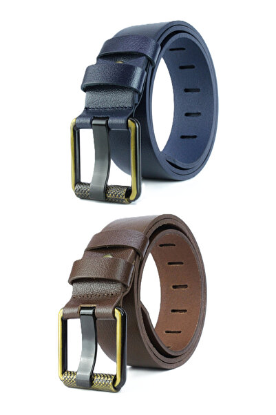 derikem Σετ 2 ανδρικών 100% γνήσιο δέρμα κίτρινο σωλήνα 4,5 εκ. Ζώνη τζιν Nav...