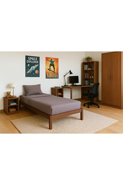 pinoxi 90cm X 190cm Masif Ahşap Tek Kişilik Smart Karyola Ceviz Renk 90cmx190...