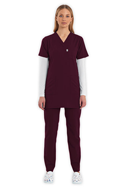 LAME Uniform Tunik Bordo Likralı Hemşire ve Doktor Forması Scrubs Takım