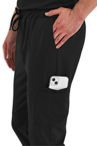 LAME Uniform Erkek Siyah Kargo Cepli Likralı Hemşire ve Doktor Forması Scrubs...