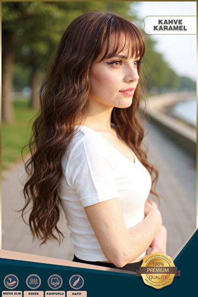 KONAK PERUK Perçemli Uzun Su Dalgası Fiber Sentetik Peruk- Kahve Karamel