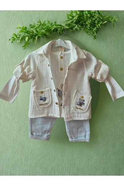 Bombili Erkek Bebek 3'lü Şık Takım – Uzun Kollu Body, Uçak Desenli Gömlek ve Çizgili Pantolon