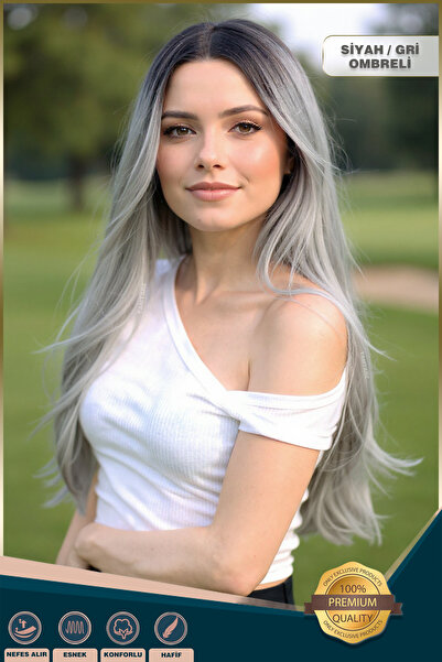 KONAK PERUK Fiber Sentetik Uzun Düz Peruk - Siyah / Gri Ombreli