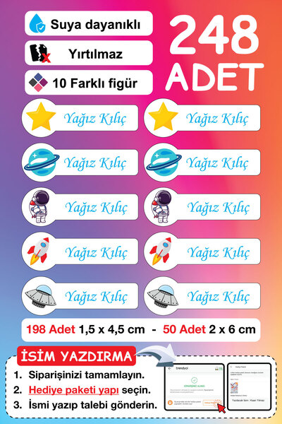 Pikulux Premium Kalite 230 Adet Kişiye Özel İsimli Defter Kalem Okul Etiketi.