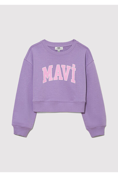 Mavi Logo Baskılı Crop Mor Sweatshirt 7S10097-86954
