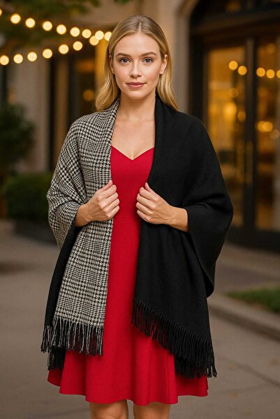 Betülce “Γυναικείο χειμερινό καρό μάλλινο σάλι - Σάλι ώμου διπλής όψης / Σάλι κουβέρτας μεγάλου μεγέθους 70x190cm”-μαύρο