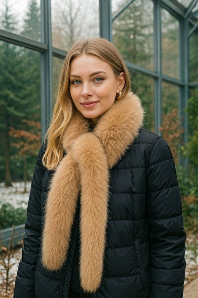 Axesoire 11251 Mango Kumaş Camel Uzun Kürk Boyunluk