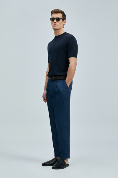 Lufian Alberto Smart Men's Chino Trousers Comfort Pleated Navy Blue