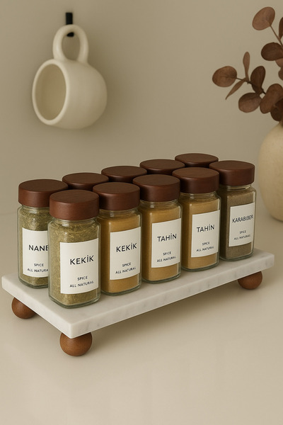 daimahome Mermer Sunumluk [12x24] | Ve 12'li Akasya Baharatlık Seti (16 adet ...