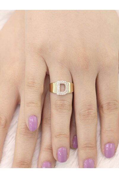 Zeynepli gold & jewelry 14 Ayar Altın Büyük D Harfli Taşlı Yüzük
