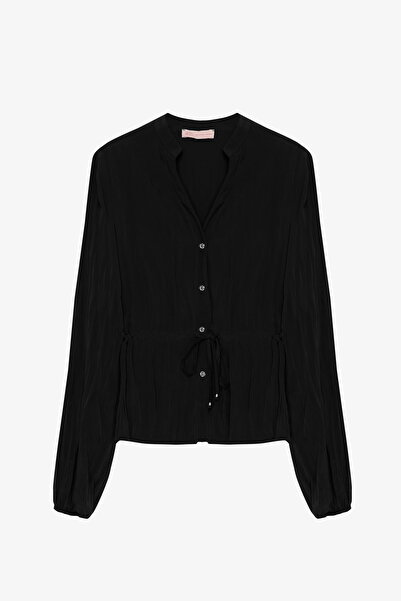 Quzu Wrinkled Textured Waist Lace-Up Buttoned Shirt Black