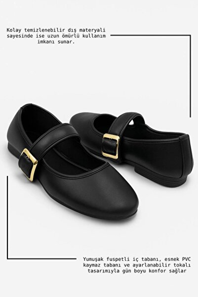 Nstil Günlük Siyah Kadın Babet Oval Burun Tokalı Sade Kemer Kısa Topuklu Ev İş Ofis Hafif Ayakkabı 210