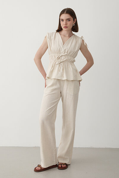JASTE Kadın Bej Omuz Bel Büzgülü Bluz & Beli Lastikli Pantolon Keten Takım