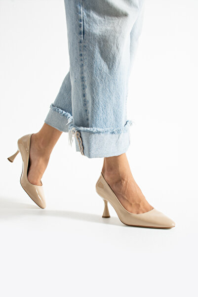 Güllü Shoes Beige Patent Leather Vegan Leather 7cm Thin Heels Memory Pad Pointed Toe Daily Office Evening Dress Stiletto