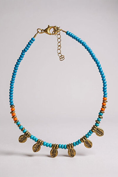 lumosart El Yapımı Turkuaz Boncuk Halhal - Altın Yaprak Charmlı