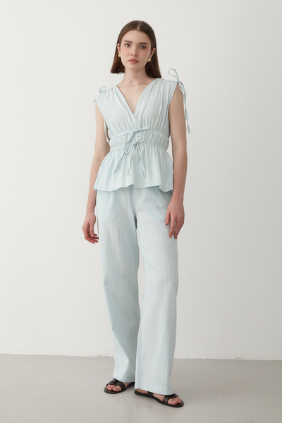 JASTE Kadın Mavi Omuz Bel Büzgülü Bluz & Beli Lastikli Pantolon Keten Takım