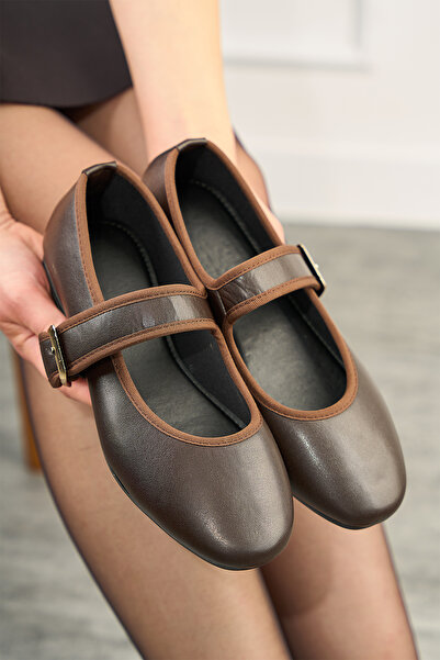 Nstil Daily Women's Bitter Brown Ballerina Oval Toe Buckle Plain Belt Short Heeled Home Business Office Light Shoes 210