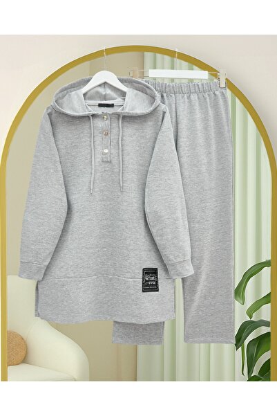 Modamorfo Διακοσμημένο σετ από βαμβακερό χτενισμένο ύφασμα με κουμπωτά κουμπώματα - Γκρι