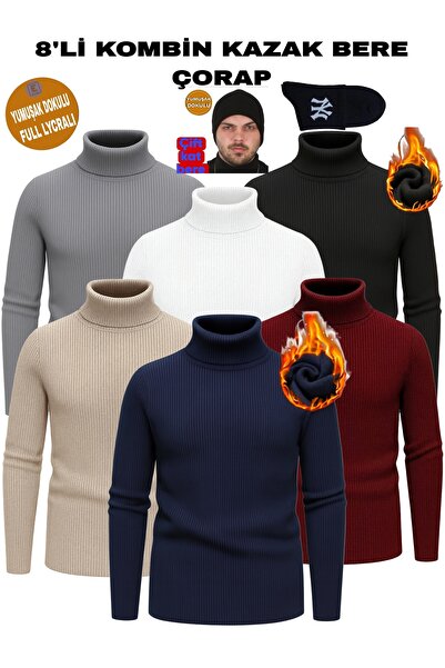 EMKA GİYİM 8'li Kombin Balıkçı Yaka Kazak Bere Ve Çorap