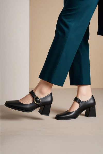 RABU Siyah Kadın Hakiki Deri Küt Burun 6 cm Kalın Topuklu Mary Jane Ayakkabı