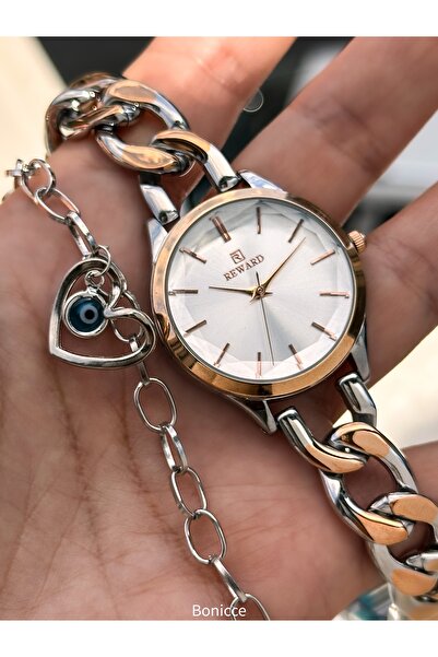 Reward Rose Silver Steel Band,Valentine's Day Gift Women's Wristwatch +Bracelets