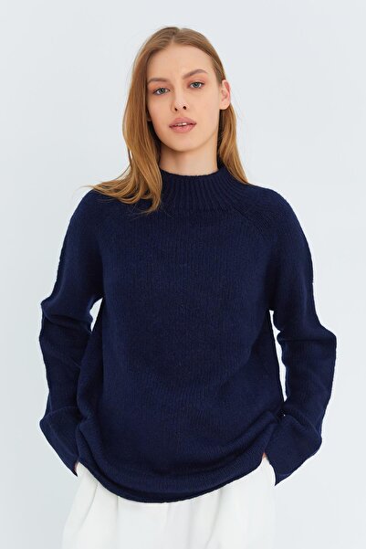 Mixray 6849 Pulover de tricotaj pentru femei, fără cusături, cu gâtul vertical, bleumarin